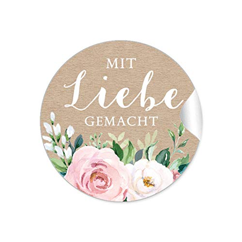 24 STICKER: "Mit Liebe gemacht" Etiketten • BOHO KRAFTPAPIER OPTIK BLÜTEN ROSEN GRÜN ZWEIGE ROSA WEIß BRAUN • zum beschriften von Selbstgemachtes, Briefen oder Geschenkverpackungen von fioniony