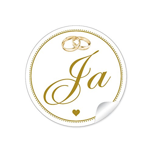 24 STICKER: Retro Hochzeitsaufkleber "JA" in weiß mit Hochzeitsringen und Herz im Vintage Style zur Hochzeit • Optimal für Gastgeschenke zur Hochzeit, Danksagungen • (Format 4 cm, rund, matt) von fioniony