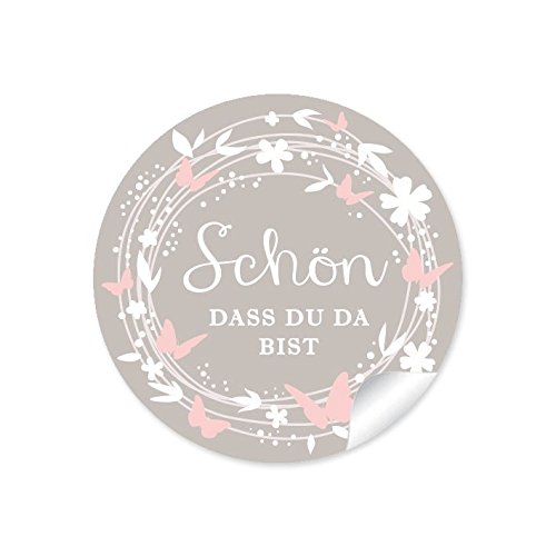 24 STICKER Schön, dass du da bist Schöne Etiketten mit Kranz, Blüten und Schmetterlingen in Beige/Rosa/Weiß, Für Gastgeschenke, Hochzeit und vielen Anlässen/Aufkleber: 4 cm, rund, matt von fioniony