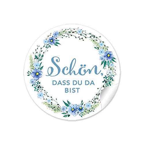 24 STICKER: "Schön, dass du da bist" in BLAU GRÜN mit Blütenkranz • Für Gastgeschenke, Hochzeit, Hochzeitsmarmelade, Tischdeko, Selbstgemachtes u.v.m. • 4cm, rund, matt von fioniony