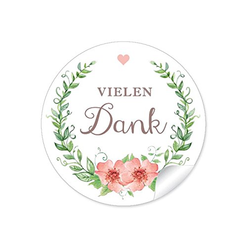 24 STICKER: "Vielen Dank" Etiketten mit Kranz, Blüten und Herz in grün/apricot um "Danke sagen" für Gastgeschenke, Hochzeitsmarmelade u.v.m. • Aufkleber: 4 cm, rund, matt von fioniony