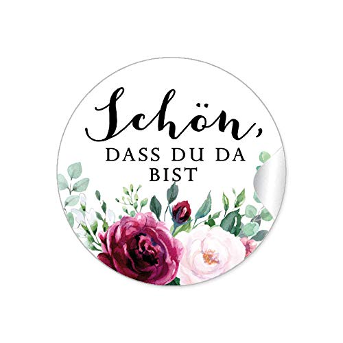 24 Sticker Hochzeit SCHÖN, DASS DU DA BIST, BOHO HIPPIE STYLE BLÜTEN ROSEN GRÜN ROT ROSA SCHWARZ, Gastgeschenke Marmelade Hochzeitsmarmelade Tischdeko Selbstgemachtes, Etiketten 4 cm, rund, matt von fioniony