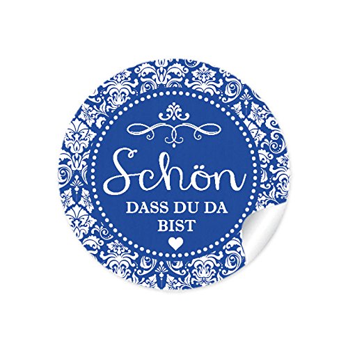 24 Sticker Schön, dass du da bist BLAU mit romantischen Ornamenten, Für Gastgeschenke, Hochzeit, Hochzeitsmarmelade, Tischdeko, Selbstgemachtes, Aufkleber 4 cm, rund, matt von fioniony