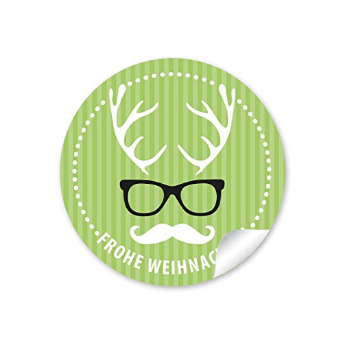 24 Weihnachtsaufkleber FROHE WEIHNACHTEN HIPSTER HIRSCH BRILLE GRÜN Weihnachten • Papieraufkleber Sticker Aufkleber Etiketten • Format 4 cm rund matt von fioniony