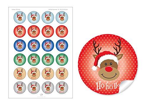 24 Weihnachtsaufkleber bunt gemischte Farben zu Weihnachten mit lustigem Rudolph Rentier Hirsch "HO HO HO" • Papieraufkleber/Sticker/Aufkleber/Etiketten (Format 4 cm, rund, matt) von fioniony