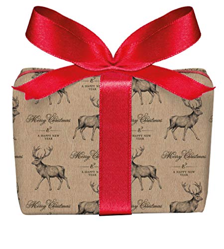 3er Set Geschenkpapier zu Weihnachten Bögen HIRSCH MERRY CHRISTMAS Retro Kraftpapier Look NATUR Weihnachtsgeschenkpapier, Adventszeit, Weihnachtspapier PEFC zertifiziertes Papier, 50 x 70 cm von fioniony