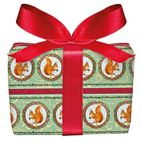 3er Set Weihnachts Geschenkpapier Bögen Eichhörnchen grün zu Weihnachten, Adventszeit, Weihnachtspapier für Geschenke, Adventskalender, PEFC zertifiziertes Papier, 50 x 70 cm von fioniony