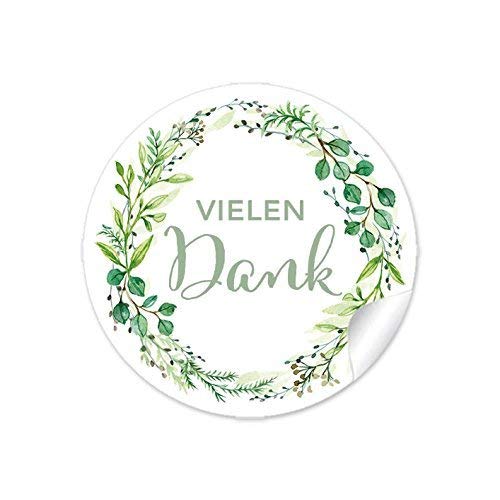 48 STICKER Vielen Dank GRÜN mit Zweigen um Danke sagen für Gastgeschenke, Hochzeitsmarmelade, Papieraufkleber 4 cm, rund, matt von fioniony