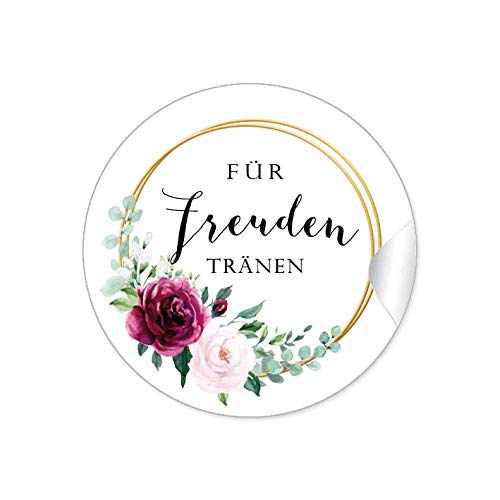 48 STICKER: "Für Freuden Tränen" Etiketten als Dekoration ihrer Hochzeit mit roter Rose und zwei Ringe in Goldgelb (kein Echtgold) für Taschentücher Verpackungen zur Trauung von fioniony