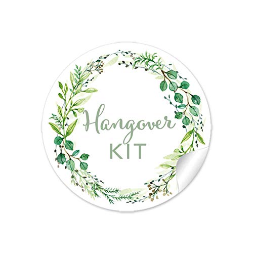 48 STICKER: "Hangover KIT" in Grün mit Zweigen • Für Gastgeschenke zur Hochzeit für den Tag danach • Hochzeit Survival Kit Hochzeitsparty Party Geburtstag • 4 cm, rund, matt von fioniony