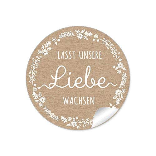 48 STICKER: Lasst unsere Liebe wachsen in NATUR Kraftpapier Optik mit Blütenranke • Für Gastgeschenke zur Hochzeit, kleine Samentüten, blumige & niedliche Blumentöpfe, Reagenzgläser • 4 cm, rund, matt von fioniony