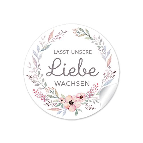 48 STICKER: "Lasst unsere Liebe wachsen" in PASTELLFARBEN mit Büten • Für Gastgeschenke zur Hochzeit zum Verzieren für kleine Samentüten, niedliche Blumentöpfe und Reagenzgläser • 4 cm, rund, matt von fioniony