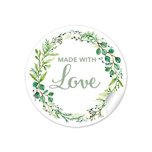 48 STICKER: "Made with Love" in Grün mit Zweigen • Für Gastgeschenke, Hochzeit, Hochzeitsmarmelade, Tischdeko, Selbstgemachtes u.v.m. • 4cm, rund, matt von fioniony