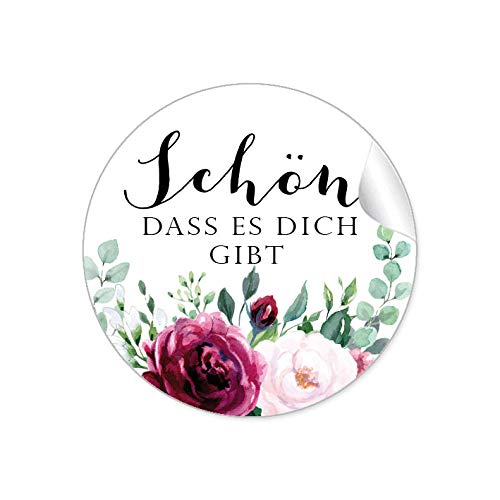 48 STICKER: "Schön, dass es dich gibt" Etiketten als Danksagung • BOHO HIPPIE STYLE BLÜTEN ROSEN GRÜN ROT ROSA SCHWARZ • Siegel für Briefumschläge Anhänger oder Briefe zur Hochzeit Geburtstag Taufe von fioniony