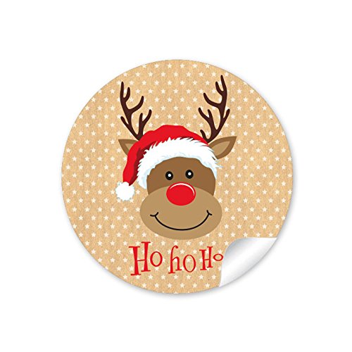 48 Weihnachtsaufkleber in Natur zu Weihnachten mit lustigem Rudolph Rentier Hirsch "HO HO HO" • Papieraufkleber/Sticker/Aufkleber/Etiketten (Format 4 cm, rund, matt) von fioniony