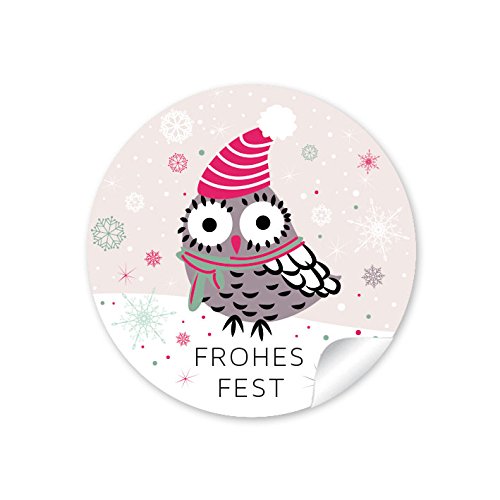 48 Weihnachtsaufkleber in zartem BEIGE zu Weihnachten mit lustiger Eule " FROHES FEST" • Papieraufkleber/Sticker/Aufkleber/Etiketten (Format 4 cm, rund, matt) von fioniony