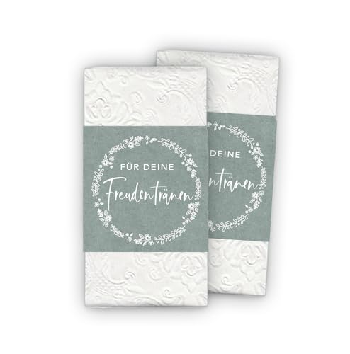 50 Freudentränen Banderolen + Klebepunkte zum verschließen - Für Taschentuch Gastgeschenke Hochzeit & Taufe - Kirche Trauung Kommunion - Kranz weiß Kraftpapier Look grün von fioniony