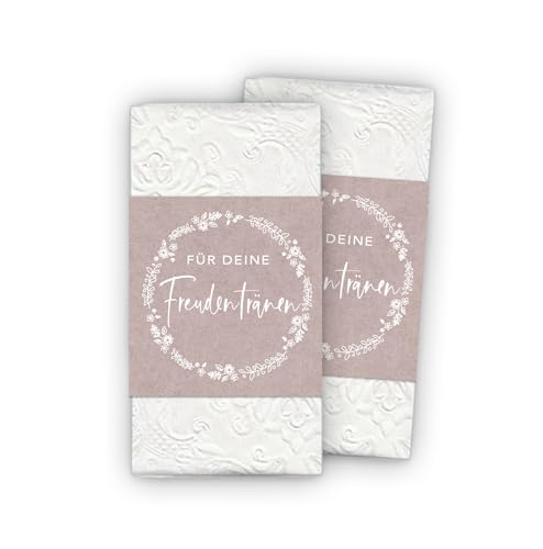 50 Freudentränen Banderolen + Klebepunkte zum verschließen - Kranz weiß rosa Kraftpapier Look - Für Taschentuch Gastgeschenke Hochzeit & Taufe Kirche Trauung Kommunion von fioniony