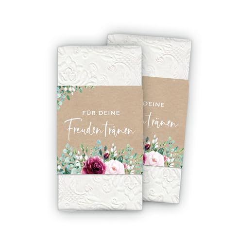 50 Freudentränen Banderolen + Klebepunkte zum verschließen - Rosen rot Kraftpapier Look braun - Für Taschentuch Gastgeschenke Hochzeit & Taufe - Kirche Trauung Kommunion von fioniony