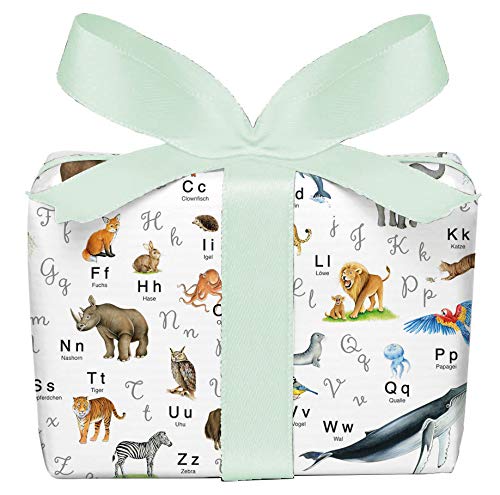 5er Set 5 Bögen Geschenkpapier ABC TIERE Alphabet zum Schulanfang zum Verpacken für Schulkinder Klasse Kinderzimmer Geburtstag, gedruckt auf PEFC zertifiziertem Papier, 50 x 70 cm von fioniony