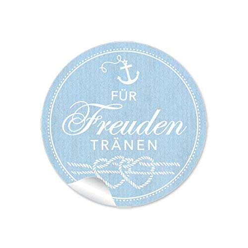 72 STICKER Für die Freuden Tränen Etiketten mit Anker Herz aus Tau im Maritim Look in Blau für Taschentücher Verpackungen zur Trauung, 4 cm, rund, matt von fioniony