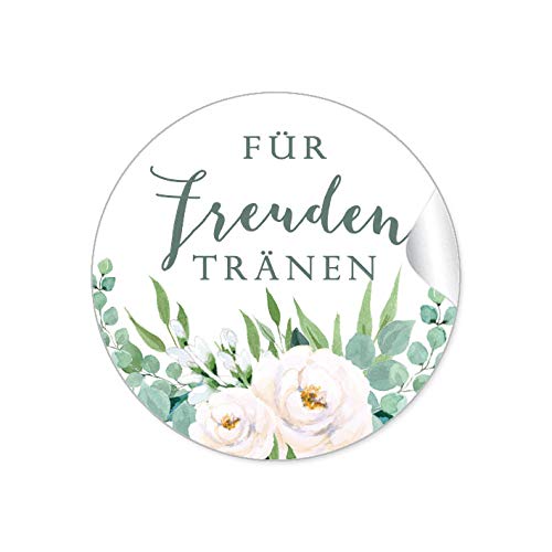 72 STICKER Hochzeit FREUDEN TRÄNEN • BOHO HIPPIE STYLE ZWEIGE BLÜTEN ROSEN BLÄTTER GRÜN WEIß • Taschentücher Taschentuchverpackung Gastgeschenke Marmelade Deko Selbstgemachtes • 4cm rund matt von fioniony