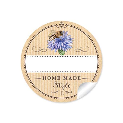 72 STICKER Home Made Style 72 Schöne Honigetiketten für die Küche in Natur mit Biene auf Kornblume mit Freitextfeld für Honig Papieraufkleber im Format 4 cm, rund, matt für Imker von fioniony