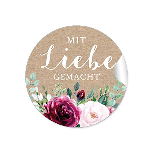 72 STICKER Mit Liebe gemacht Etiketten für ihr Gastgeschenk BOHO KRAFTPAPIER OPTIK BLÜTEN ROSEN GRÜN ROT ROSA BRAUN zum beschriften von Selbstgemachtes, Briefen oder Geschenkverpackungen von fioniony