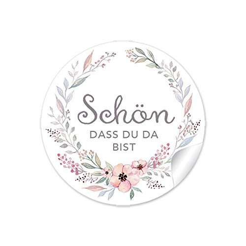 72 STICKER Schön, dass du da bist PASTELLFARBEN mit Blütenkranz Für Gastgeschenke, Hochzeit, Hochzeitsmarmelade, Tischdeko, Selbstgemachtes. 4cm, rund, matt von fioniony