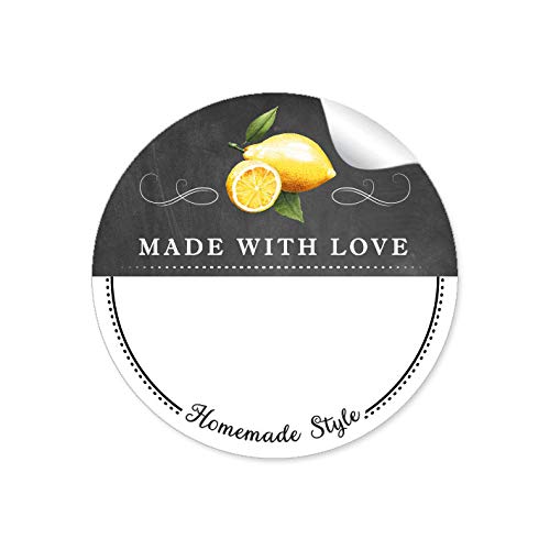 72 STICKER WEIß SCHWARZ mit Zitrone und Ornamente Made with Love mit Freitextfeld für Chutneys, Lemon Curd, Zitronen Limonade, Sirup Papieraufkleber 4 cm, rund, matt von fioniony