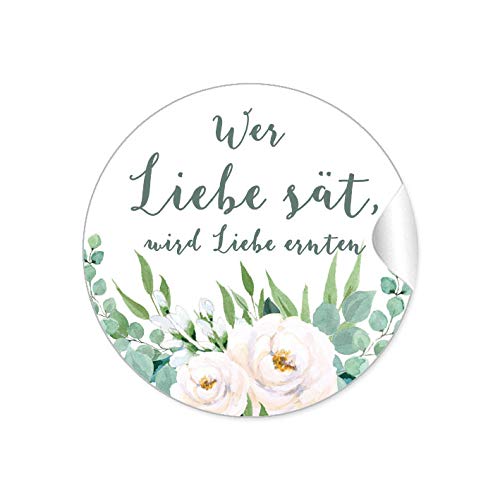 72 STICKER Wer Liebe sät, wird Liebe ernten Etiketten als Gastgeschenk BOHO HIPPIE STYLE ZWEIGE BLÜTEN ROSEN BLÄTTER GRÜN WEIß für Samen Tüten Reagenzgläser Blütensamen zur Hochzeit Geburtstag von fioniony