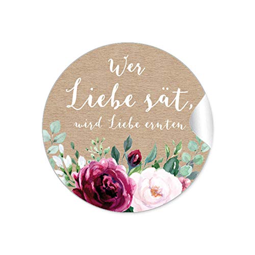 72 STICKER Wer Liebe sät, wird Liebe ernten Etiketten als Gastgeschenk BOHO KRAFTPAPIER OPTIK BLÜTEN ROSEN GRÜN ROT ROSA BRAUN Samen Tüten Reagenzgläser Blütensamen zur Hochzeit Geburtstag von fioniony