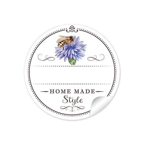 72 STICKER: "Home Made Style" 72 Schöne Honigetiketten für die Küche in weiß mit Biene auf Kornblume: mit Freitextfeld für die Honig Sorte (A4 Bogen) • Etiketten im Format 4 cm, rund, matt für Imker von fioniony