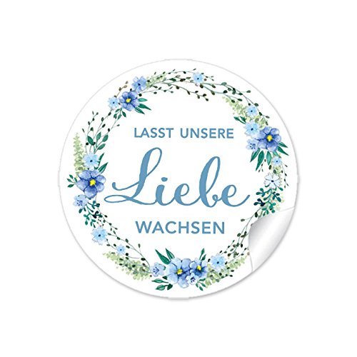 72 STICKER: "Lasst unsere Liebe wachsen" in BLAU GRÜN mit Blütenkranz • Für Gastgeschenke zur Hochzeit z.B. für kleine Samentüten, blumige und niedliche Blumentöpfe, Reagenzgläser • 4 cm, rund, matt von fioniony