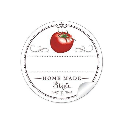 72 STICKER: Schöne Etiketten für die Küche in Weiß mit Tomate "Home Made Style" mit Freitextfeld für Soßen Sorte • 4 cm, rund, matt für selbstgemachte Tomatensoße, Saucen, Glasflaschen von fioniony