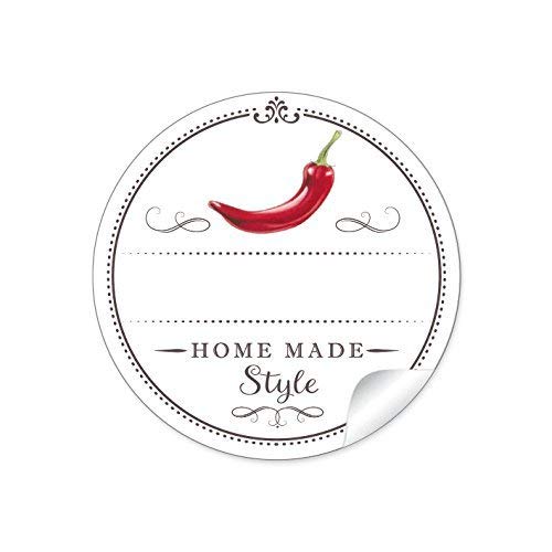 72 STICKER: Schöne Etiketten für die Küche in Weiß mit rotem Chili/Peperoni "Home Made Style" mit Freitextfeld • Papieraufkleber 4 cm, rund, matt für Chili, Gewürzdosen, Glasflaschen von fioniony