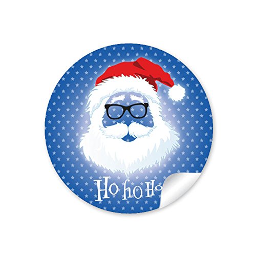 72 STICKER: Weihnachtsaufkleber in Blau zu Weihnachten mit lustigem Hipster Weihnachtsmann/Nikolaus "HO HO HO" • Papieraufkleber/Sticker/Aufkleber/Etiketten (Format 4 cm, rund, matt) von fioniony