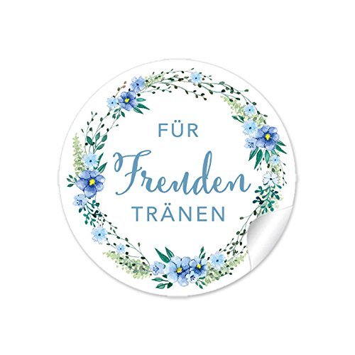 72 Sticker Für Freudentränen BLAU GRÜN mit Blütenkranz, Für Taschentücher, Taschentuchverpackung, Gastgeschenke, Hochzeitsmarmelade, Tischdeko, für Selbstgemachtes, Aufkleber 4 cm, rund, matt von fioniony