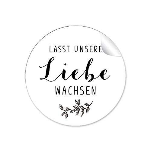 72 Sticker Lasst unsere Liebe wachsen Etiketten als Gastgeschenk mit Zweig in Schwarz für Samen Tüten Reagenzglas Blütensamen zur Hochzeit Geburtstag Taufe, Etiketten 4 cm, rund, matt von fioniony