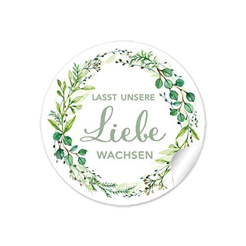 72 Sticker Lasst unsere Liebe wachsen GRÜN mit Zweigen, Für Gastgeschenke zur Hochzeit für kleine Samentüten, blumige und niedliche Blumentöpfe,Reagenzgläser, Papieraufkleber 4 cm, rund, matt von fioniony