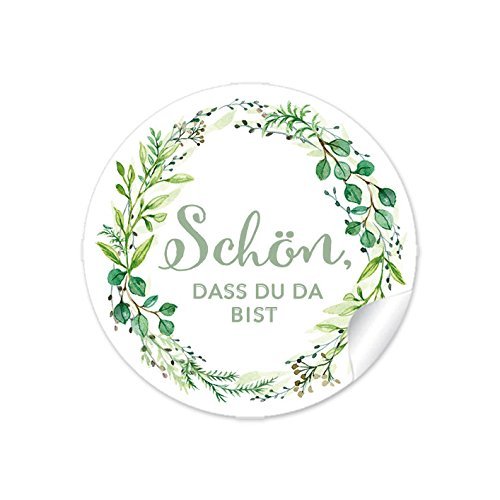 72 Sticker Schön, dass du da bist GRÜN Eukalyptus Zweige für Gastgeschenke, Hochzeit, Hochzeitsmarmelade, Tischdeko, Selbstgemachtes, Papieraufkleber 4 cm, rund, matt von fioniony