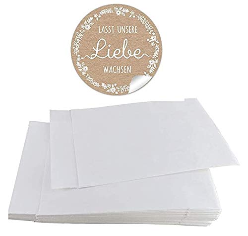 Blütensamen Tüten Set 24 Flachbeutel WEIß 63 x 93 mm + 24 Sticker LASST UNSERE LIEBE WACHSEN Kraftpapier Look Natur 4 cm matt rund Samen Gastgeschenke Tischdeko Hochzeit Geburtstag Taufe von fioniony