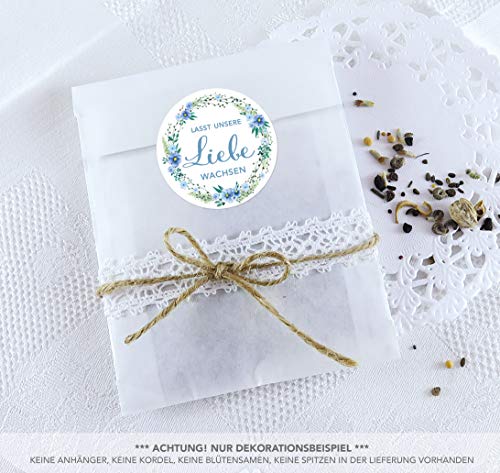 Blütensamen Tüten Set 24 Sticker LASST UNSERE LIEBE WACHSEN BLÜTEN KRANZ GRÜN BLAU Ø 4cm matt + 24 Flachbeutel weiß 130 x 95 + 16 mm Hochzeit Taufe Blüten Gastgeschenk Deko Geburtstag von fioniony