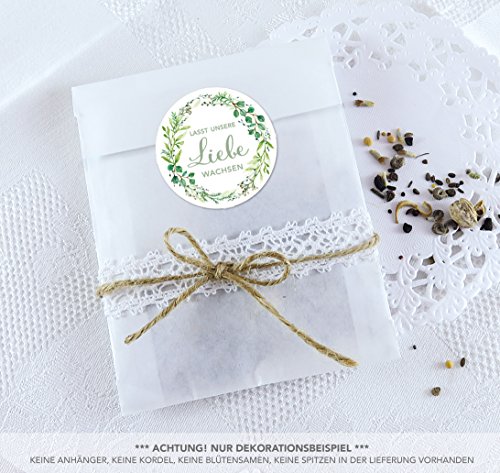 Blütensamen Tüten Set 24 Sticker LASST UNSERE LIEBE WACHSEN GRÜN ZWEIGE 4cm matt rund + 24 Flachbeutel weiß 130 x 95 + 16 mm Hochzeit Taufe Blüten Samen Gastgeschenke Deko Feier Geburtstag von fioniony