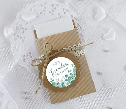 Freuden Tränen Taschentücher Set zur Hochzeit 24 Sticker + 24 braune Flachbeutel 63 x 93 mm Freudentränen Taschentuch Verpackung GRÜN WEIß BOHO HIPPIE EUKALYPTUS BLÄTTER ZWEIGE von fioniony