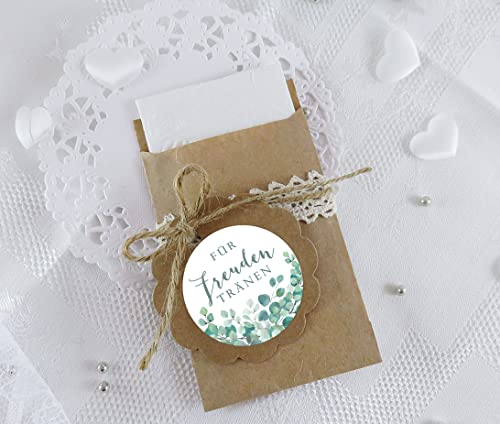 Freuden Tränen Taschentücher Set zur Hochzeit 48 Sticker + 48 braune Flachbeutel 63 x 93 mm Freudentränen Taschentuch Verpackung GRÜN WEIß BOHO HIPPIE EUKALYPTUS BLÄTTER ZWEIGE von fioniony