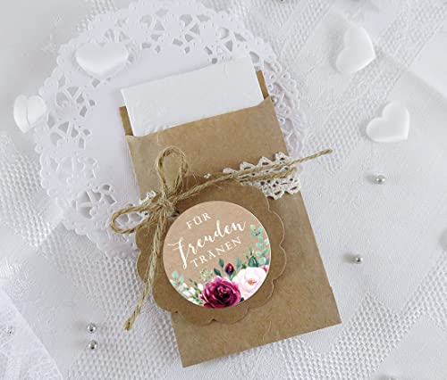 Freuden Tränen Taschentücher Set zur Hochzeit 48 Sticker + 48 braune Flachbeutel 63x93 mm Freudentränen Taschentuch Verpackung BOHO ROSEN EUKALYPTUS BLATT KRAFTPAPIER LOOK ROT ROSA von fioniony