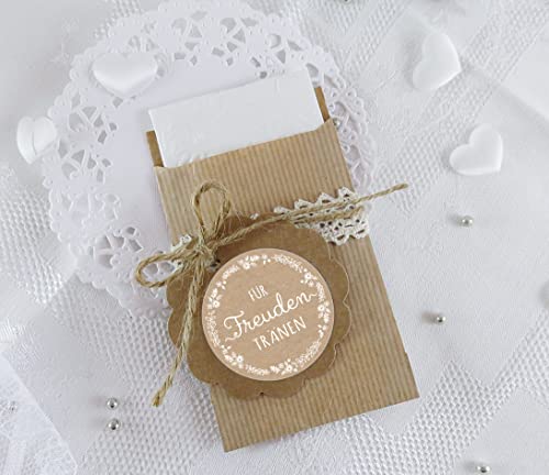 Freuden Tränen Taschentücher Set zur Hochzeit 48 Sticker + 48 braune Flachbeutel Kraftpapier - 63 x 93 mm für Freudentränen Taschentuch Verpackungen Aufkleber NATUR Kraftpapier Look von fioniony