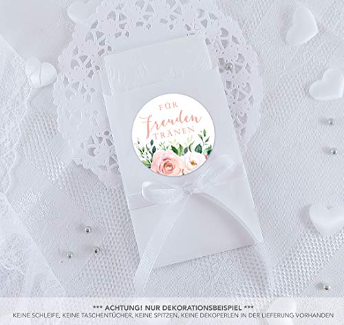 Freuden Tränen Taschentücher Set zur Hochzeit Groß 48 Sticker + 48 weiße Flachbeutel 63 x 93 mm Freudentränen Taschentuch Verpackung BOHO HIPPIE ROSEN EUKALYPTUS BLATT APRICOT WEIß ROT ROSA von fioniony