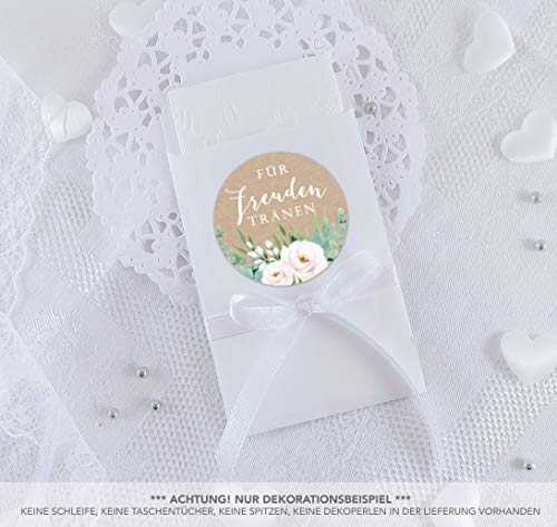 Freuden Tränen Taschentücher Set zur Hochzeit Groß 48 Sticker + 48 weiße Flachbeutel 63 x 93 mm Freudentränen Taschentuch Verpackung GRÜN WEIß BOHO HIPPIE ROSEN EUKALYPTUS BLÄTTER KRAFTPAPIER von fioniony